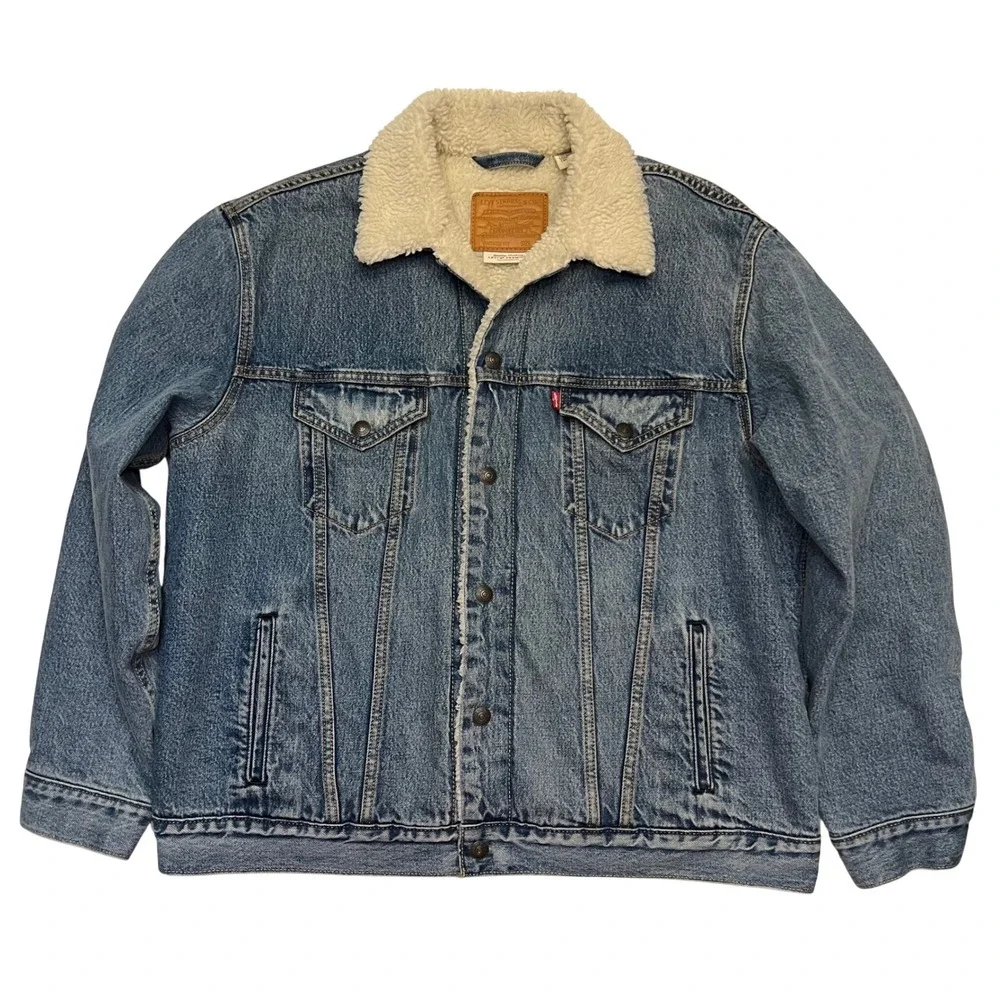 Levis Premium Blue Denim Sherpa Lined‎ Utility Streetwear Trucker Jacket Size L